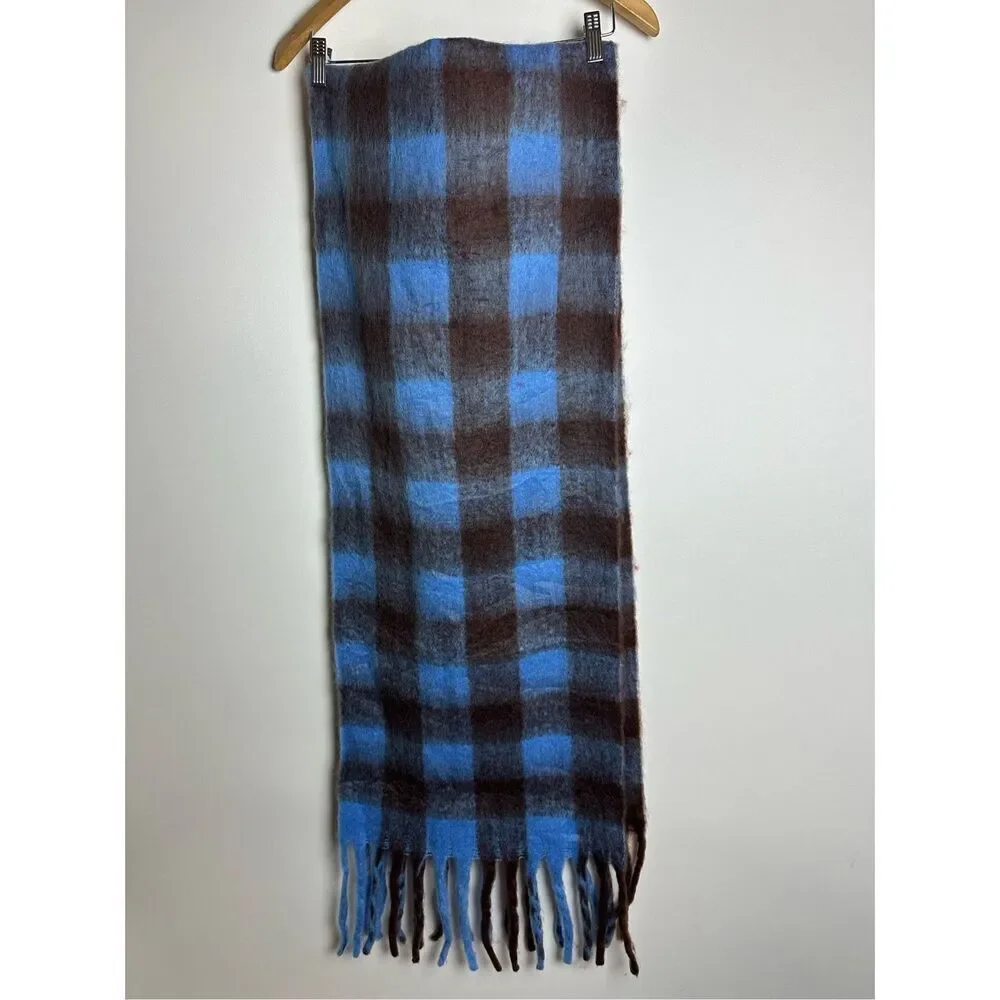 Blue and brown plaid oversized scarf